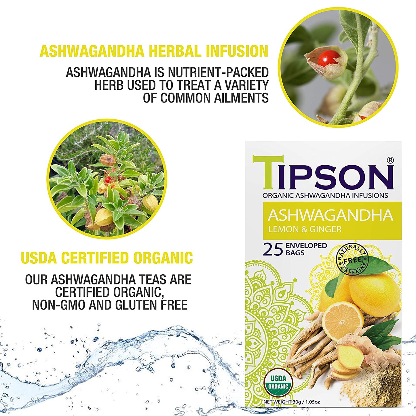 Tipson Organic Ashwagandha Infusions "Lemon and Ginger" (1.2g x 25En)-80291